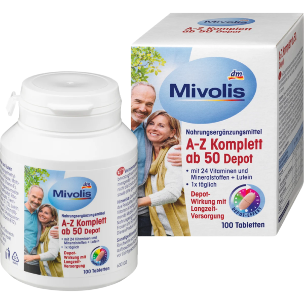 Mivolis A-Z Komplett Depot ab 50 كومبليت ديبوت 50 – مكمل غذائي للفيتامينات والمعادن + لوتين، 100 قرص