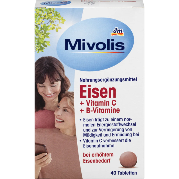 Mivolis Eisen + Vitamin C + B-Vitamine أقراص الحديد + فيتامين C + فيتامينات B، 40 قرص، 25 جم – طاقة وحيوية يومية!